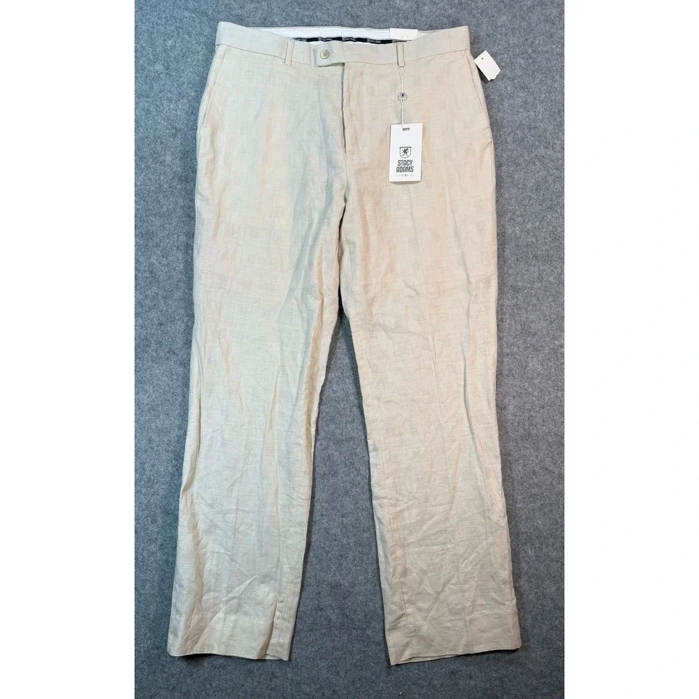 Stacy Adams Mens 100% Linen Textured Square Dress Pants Natural Beige 34x32 NEW